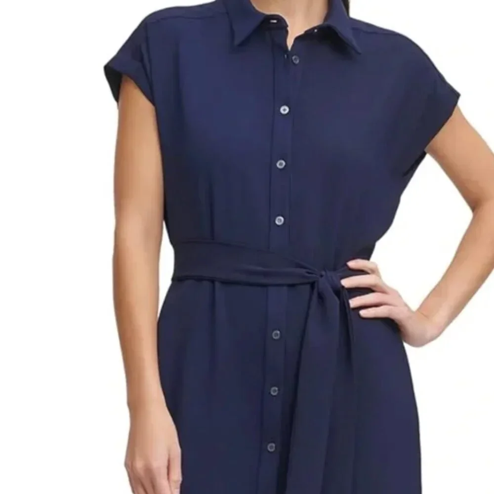DKNY Navy Midi Shirt Dress Size 2 Belted Button Front Sleeveless Minimalist - Picture 10 of 10